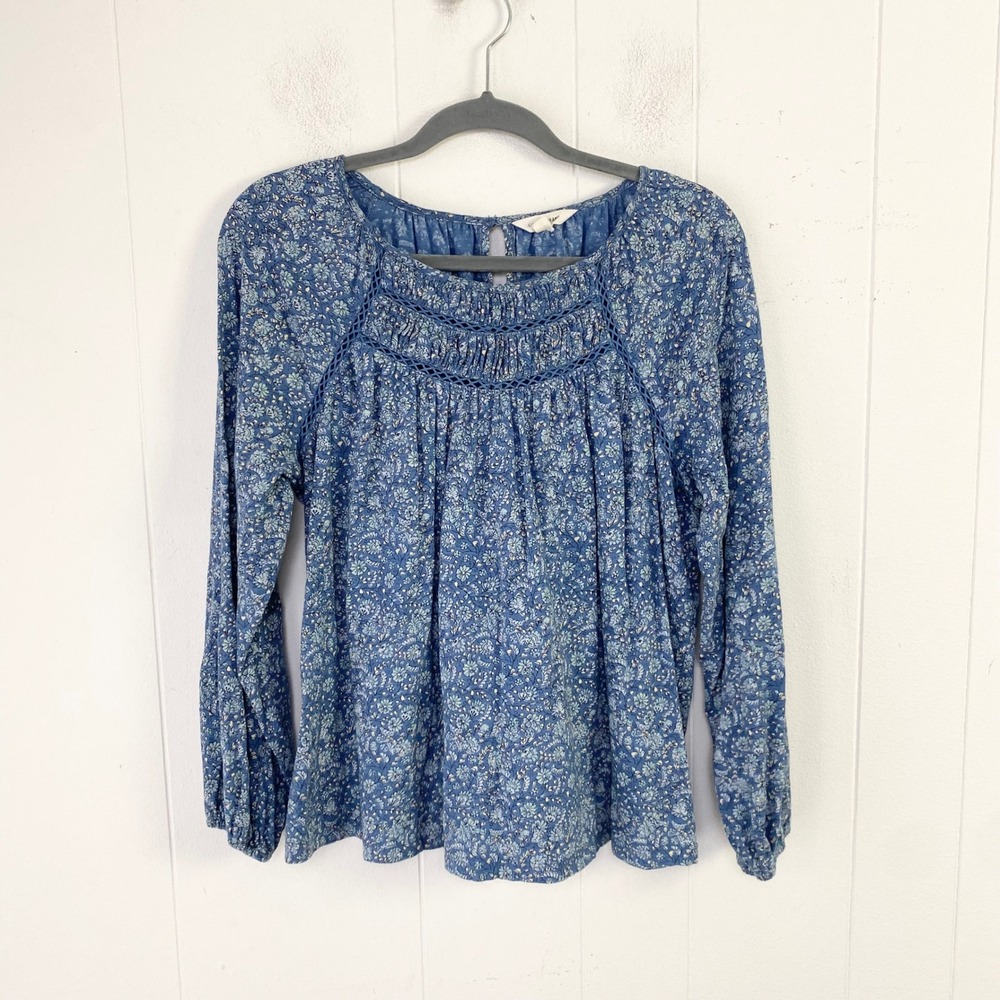 Lucky Brand Blue Floral Cotton Peasant Top Crochet Lace Trim M